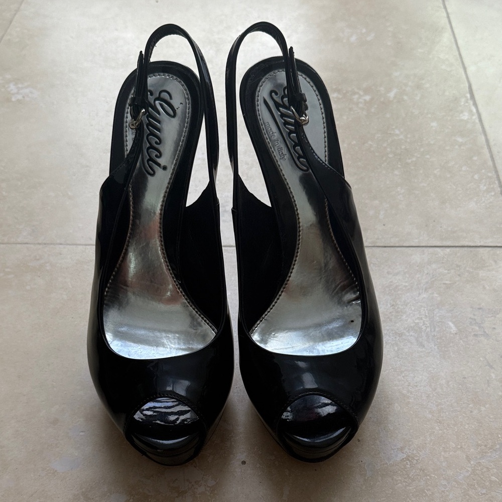 Gucci Black Patent Leather Slingback Heels Size 6.5